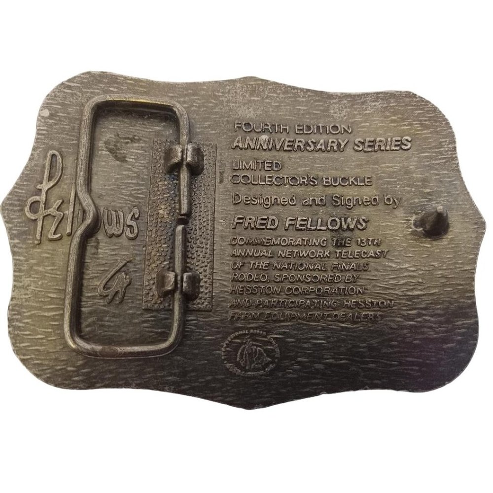 Hesston NFR Belt Buckle Metal Anniversary Series 1986 Signed By Fred Fellows - Picture 5 of 5